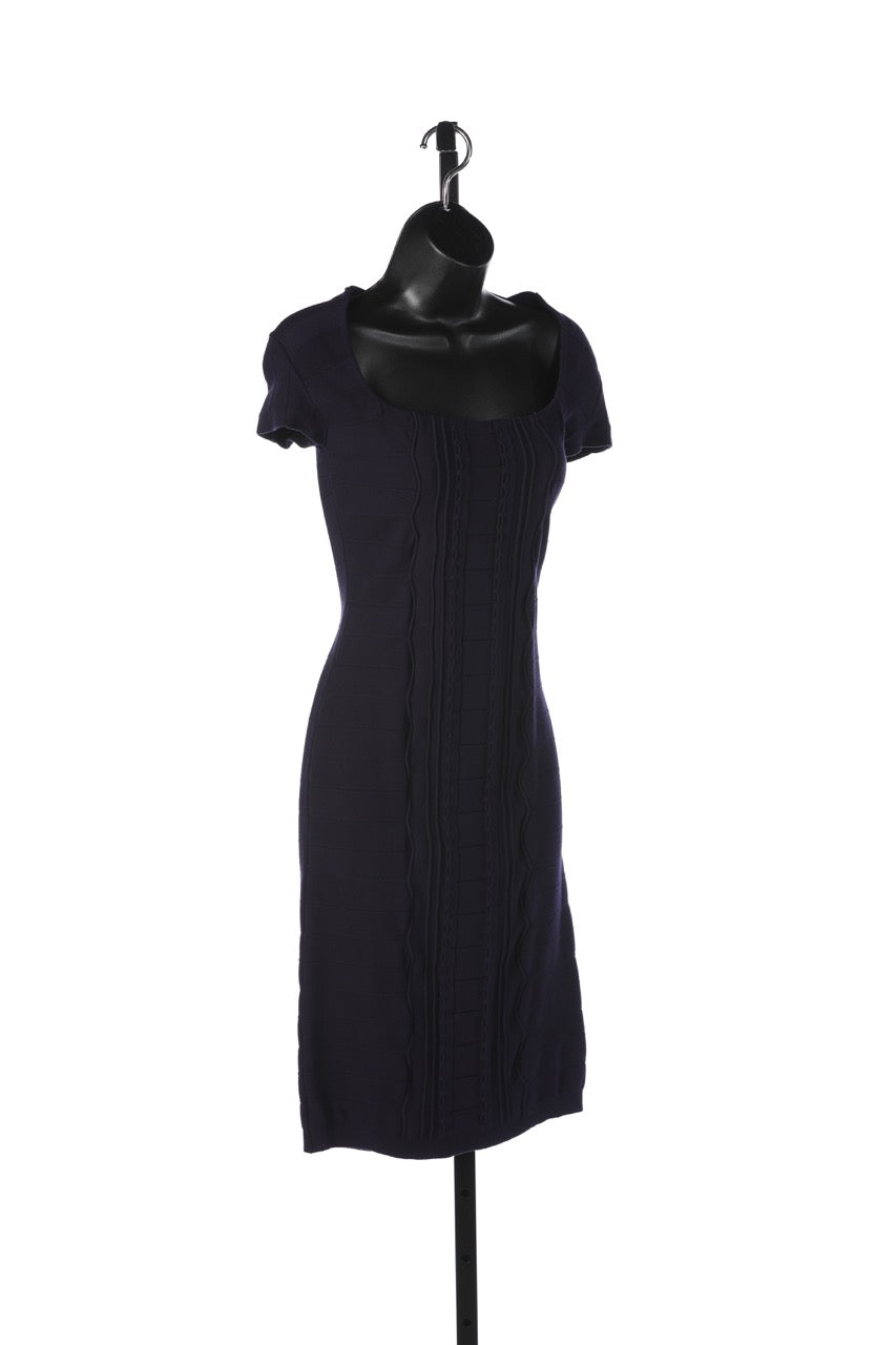 Escada Navy Cap Sleeve Square-Neck Bandage Knee-Length Dress w Embroidered Line Detail