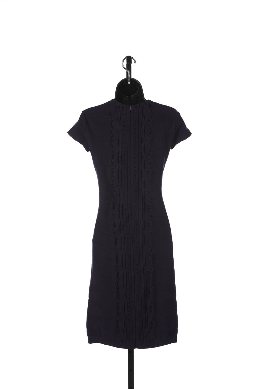 Escada Navy Cap Sleeve Square-Neck Bandage Knee-Length Dress w Embroidered Line Detail