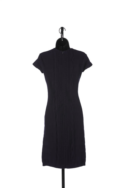 Escada Navy Cap Sleeve Square-Neck Bandage Knee-Length Dress w Embroidered Line Detail