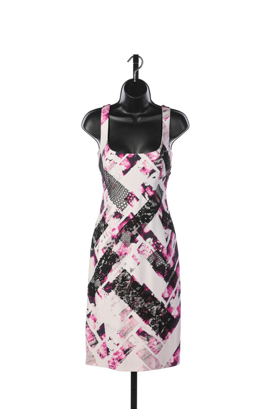 Monique Lhuillier White Pink Black Sleeveless Square Neckline Knee Length Dress w Lace