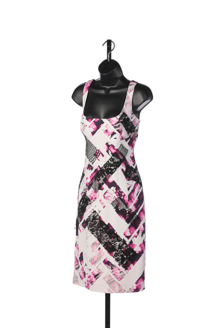 Monique Lhuillier White Pink Black Sleeveless Square Neckline Knee Length Dress w Lace