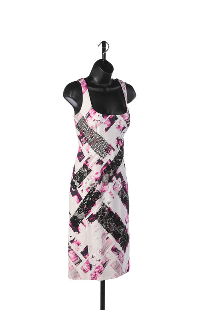 Monique Lhuillier White Pink Black Sleeveless Square Neckline Knee Length Dress w Lace