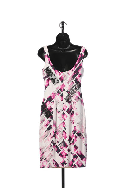 Monique Lhuillier White Pink Black Sleeveless Square Neckline Knee Length Dress w Lace