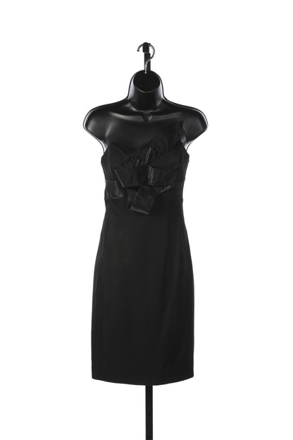 Angel Sanchez Black Strapless Satin Scrambled Bow Tie Detail Mini Dress