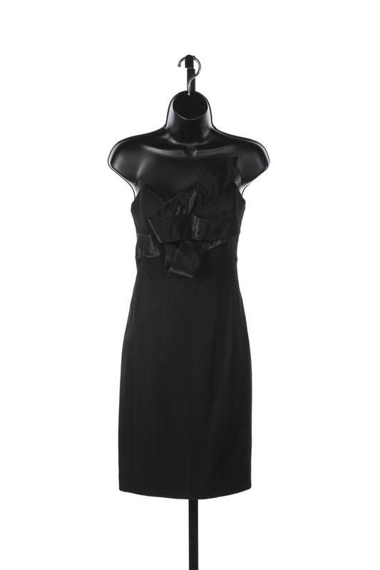 Angel Sanchez Black Strapless Satin Scrambled Bow Tie Detail Mini Dress