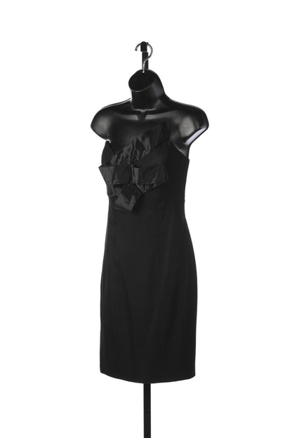 Angel Sanchez Black Strapless Satin Scrambled Bow Tie Detail Mini Dress