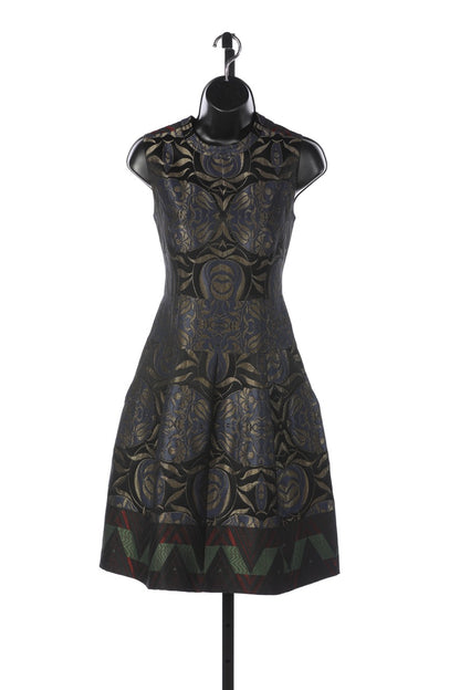 Etro Black w Gold, Blue, & Green Metallic Abstract Print Sleeveless Knee Length Dress