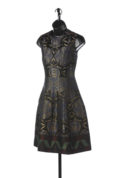 Etro Black w Gold, Blue, & Green Metallic Abstract Print Sleeveless Knee Length Dress