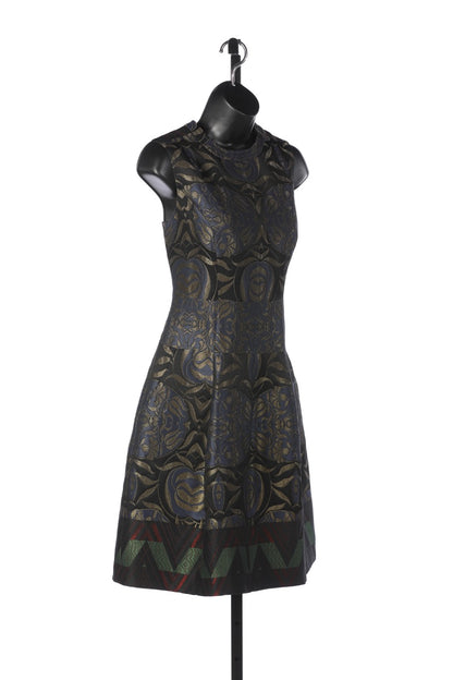 Etro Black w Gold, Blue, & Green Metallic Abstract Print Sleeveless Knee Length Dress