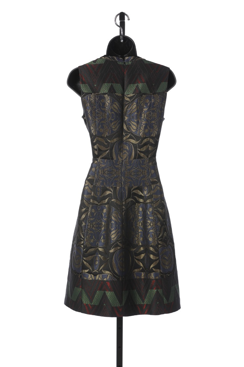 Etro Black w Gold, Blue, & Green Metallic Abstract Print Sleeveless Knee Length Dress