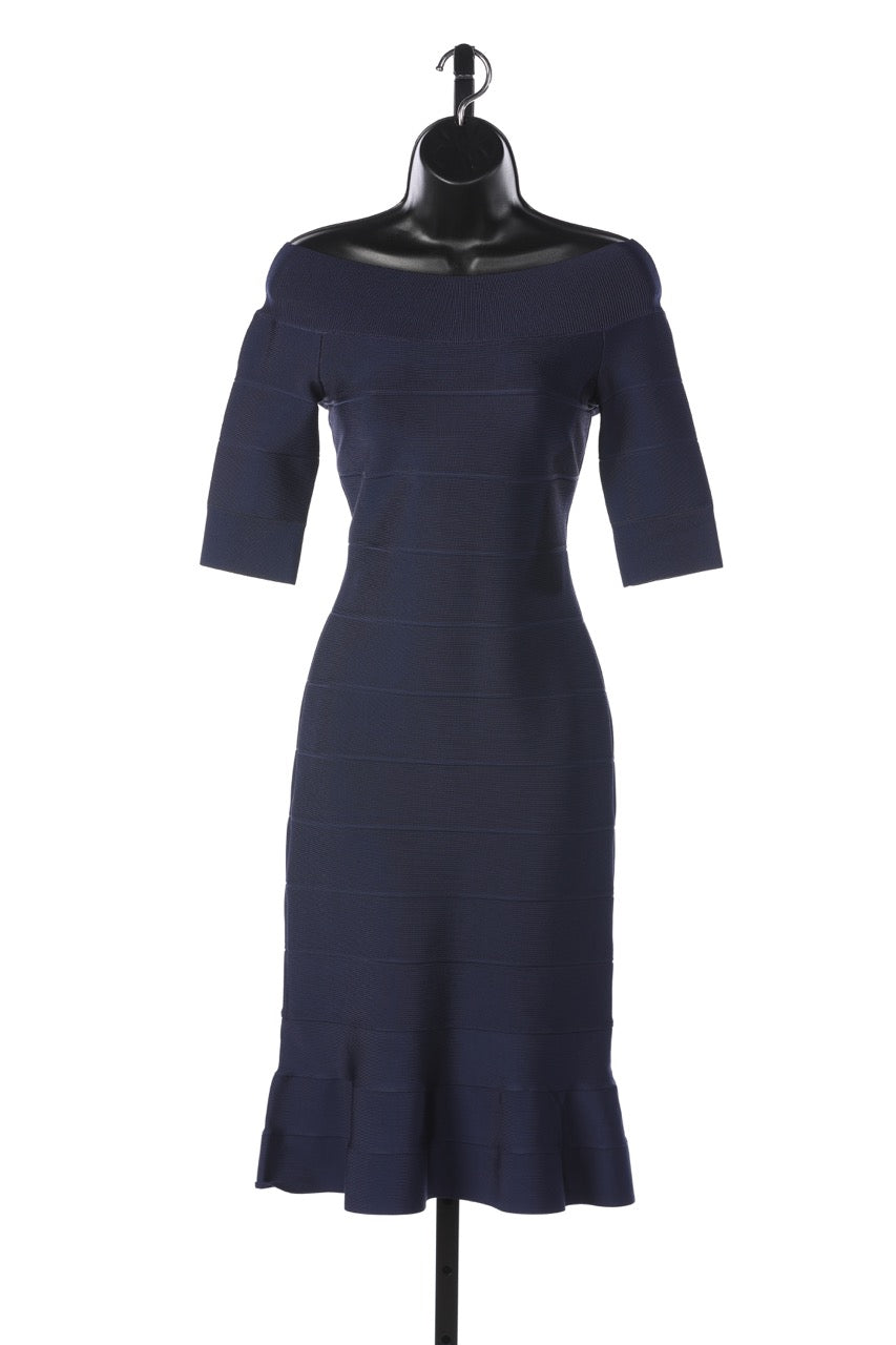 Herve Leger Navy 1/2 Sleeve Crew Neck Midi Dress w Sculpting Panels