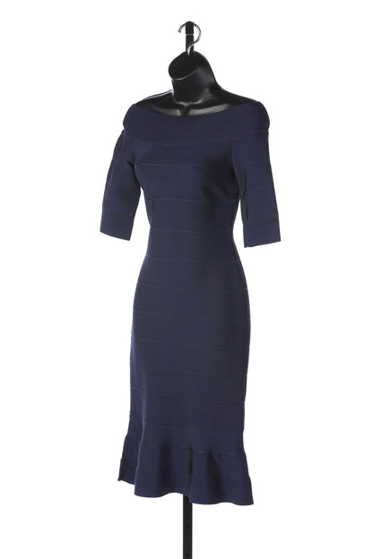 Herve Leger Navy 1/2 Sleeve Crew Neck Midi Dress w Sculpting Panels