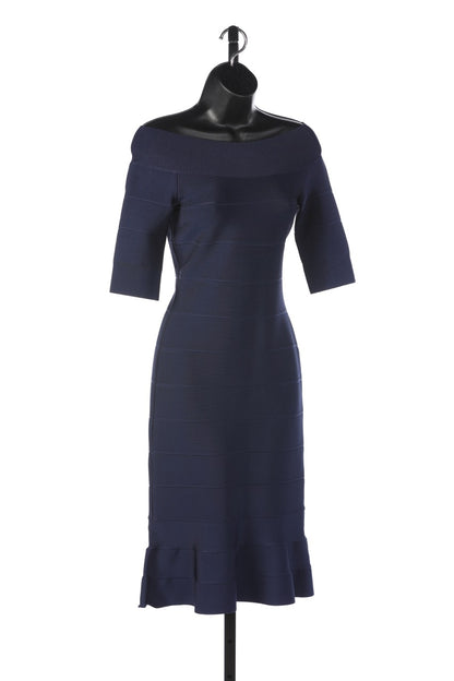 Herve Leger Navy 1/2 Sleeve Crew Neck Midi Dress w Sculpting Panels