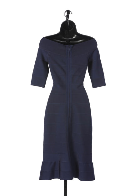 Herve Leger Navy 1/2 Sleeve Crew Neck Midi Dress w Sculpting Panels