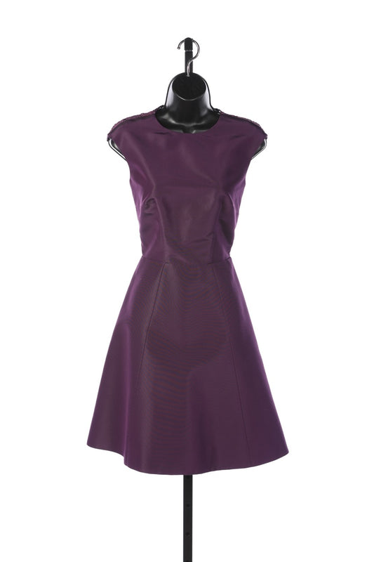 Monique Lhuillier Silk Purple Cap Sleeve Lace Back A-Line Knee-Length Dress