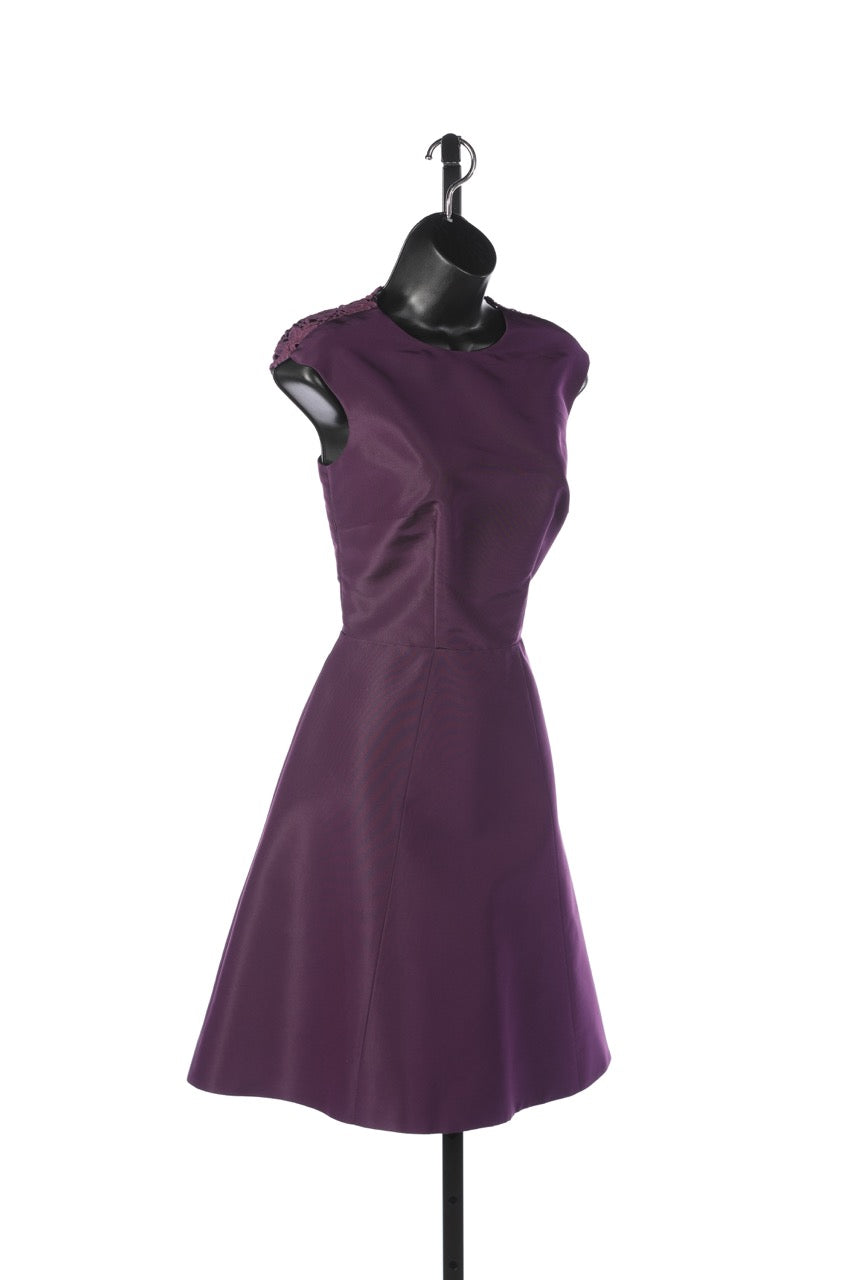 Monique Lhuillier Silk Purple Cap Sleeve Lace Back A-Line Knee-Length Dress