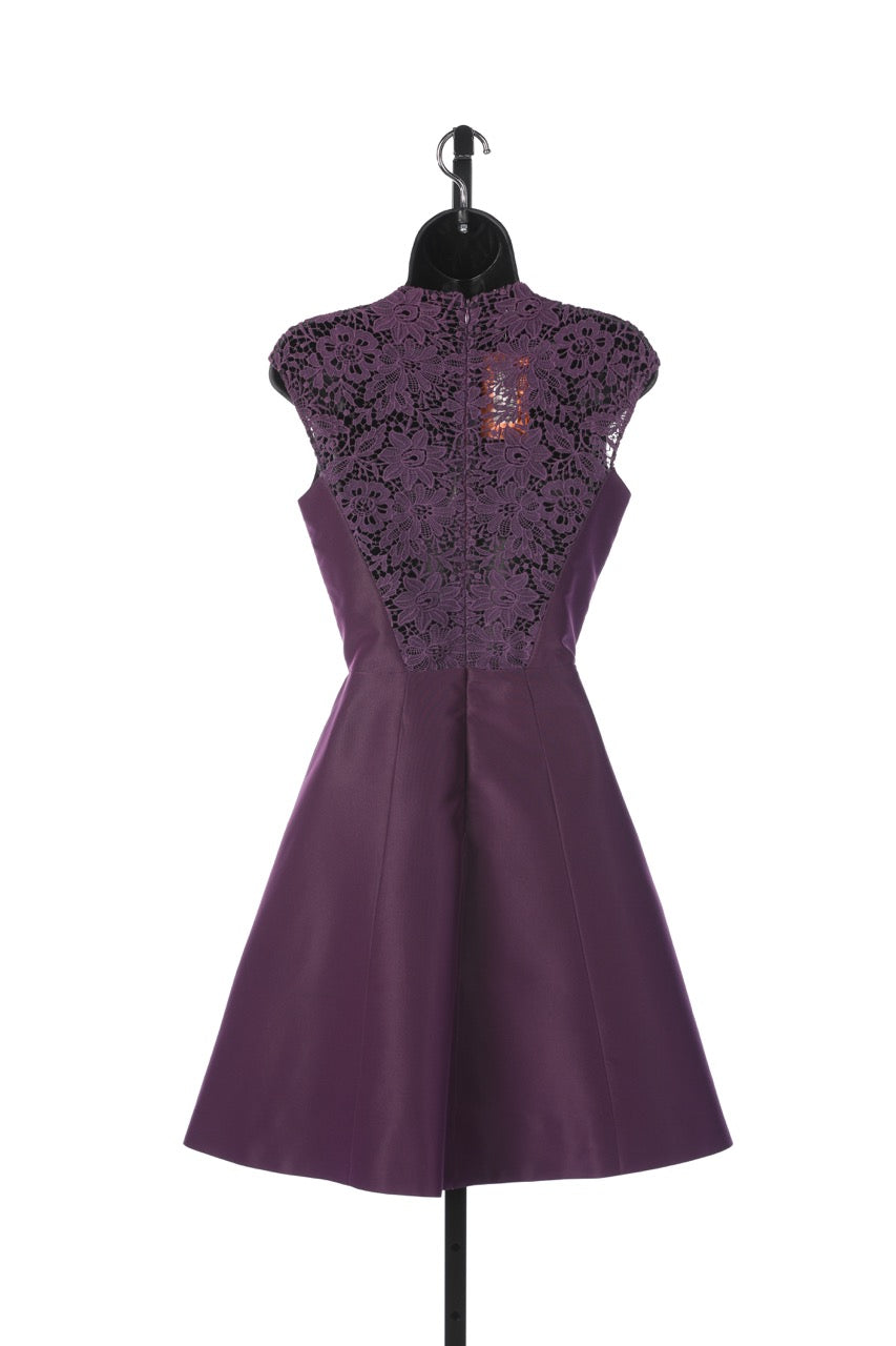 Monique Lhuillier Silk Purple Cap Sleeve Lace Back A-Line Knee-Length Dress