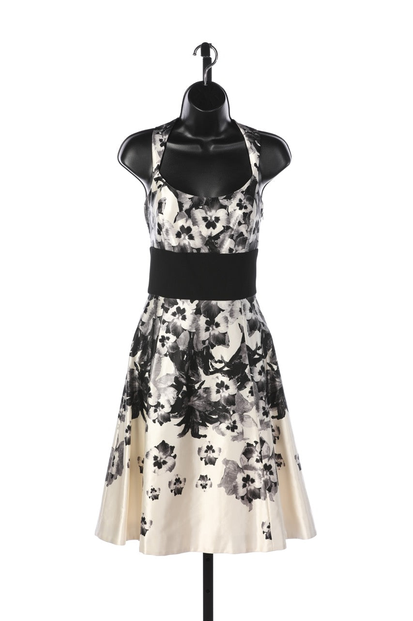 Prabal Gurung Floral Scoop Neck w Black Waistband Knee-Length Dress