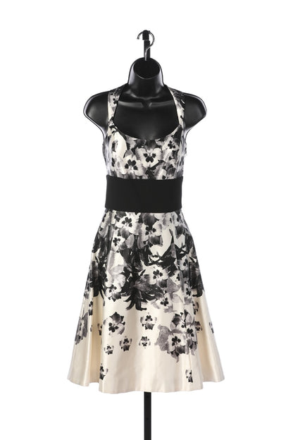 Prabal Gurung Floral Scoop Neck w Black Waistband Knee-Length Dress