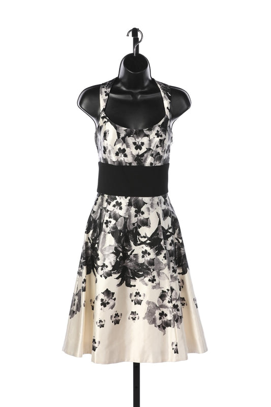 Prabal Gurung Floral Scoop Neck w Black Waistband Knee-Length Dress