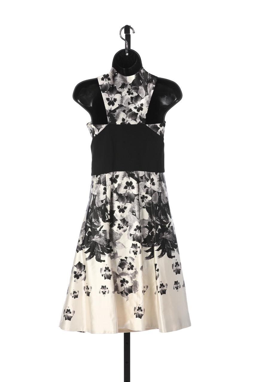 Prabal Gurung Floral Scoop Neck w Black Waistband Knee-Length Dress