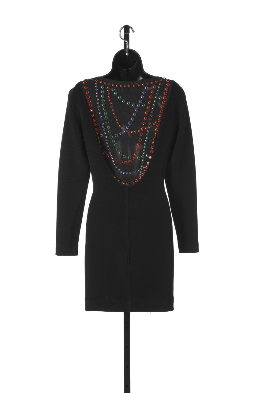 Lillie Rubin Black Long Sleeve Knee Length Dress w/ Mesh Beaded Back