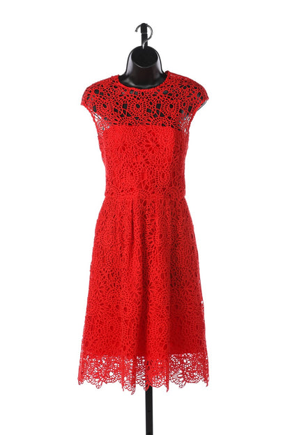 Lela Rose Red Lace Overlay Cap Sleeve Crew Neck Knee Length Dress NWT