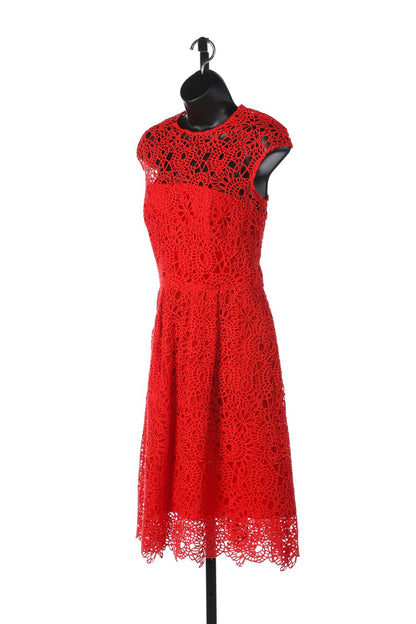 Lela Rose Red Lace Overlay Cap Sleeve Crew Neck Knee Length Dress NWT