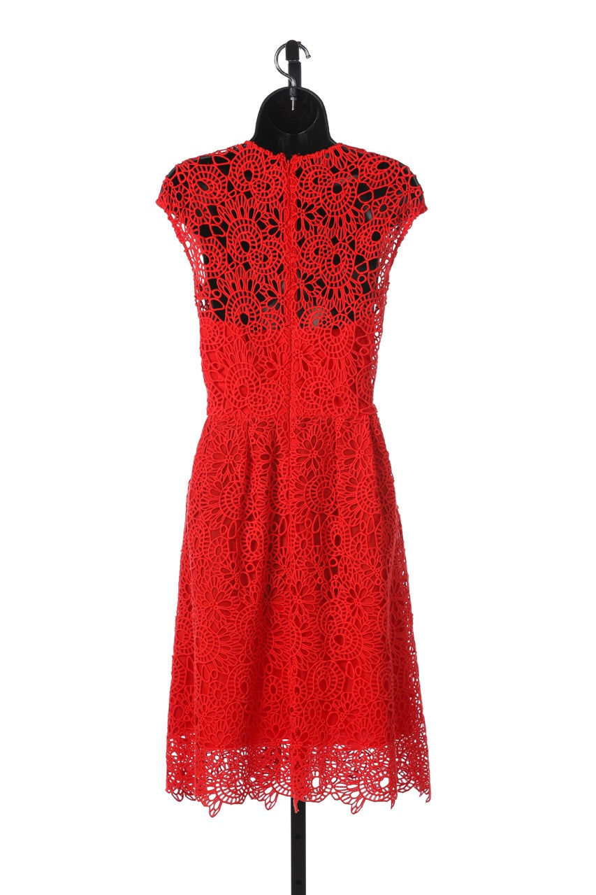 Lela Rose Red Lace Overlay Cap Sleeve Crew Neck Knee Length Dress NWT