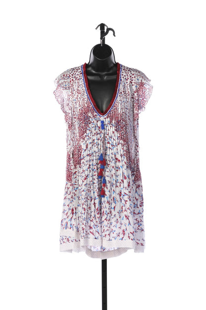 Poupette St Barth Maroon White & Blue Print V-Neck Tunic w/ Multiple Tassels