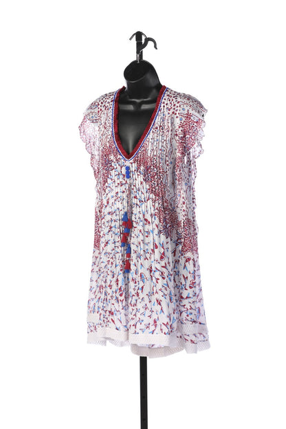 Poupette St Barth Maroon White & Blue Print V-Neck Tunic w/ Multiple Tassels