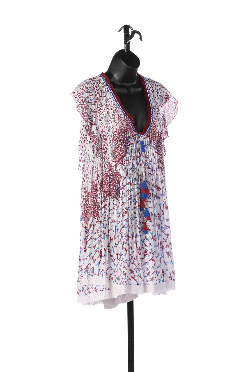 Poupette St Barth Maroon White & Blue Print V-Neck Tunic w/ Multiple Tassels