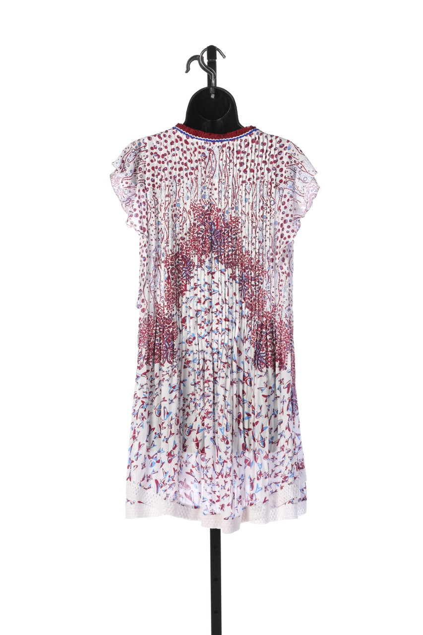 Poupette St Barth Maroon White & Blue Print V-Neck Tunic w/ Multiple Tassels