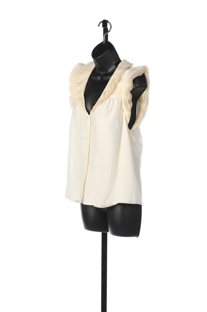 Alice + Olivia Cream Sleeveless Button Down Blouse w/ Pleated Ruffles NWT