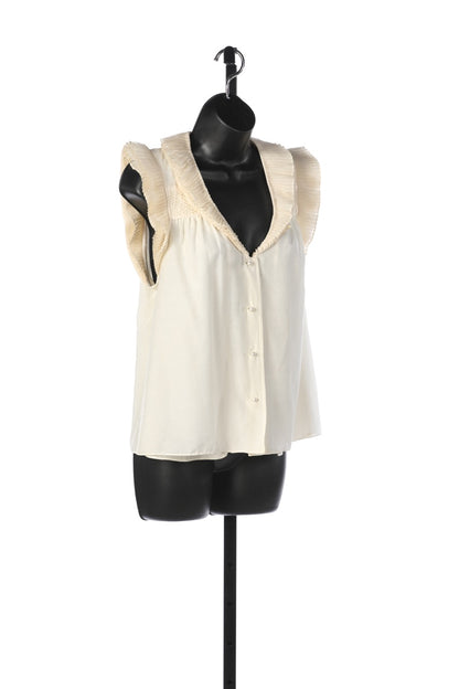 Alice + Olivia Cream Sleeveless Button Down Blouse w/ Pleated Ruffles NWT