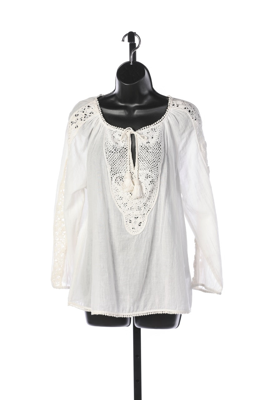 Joie White Tie-Neck w Tassels Long Sleeve Blouse w Crochet Details NWT