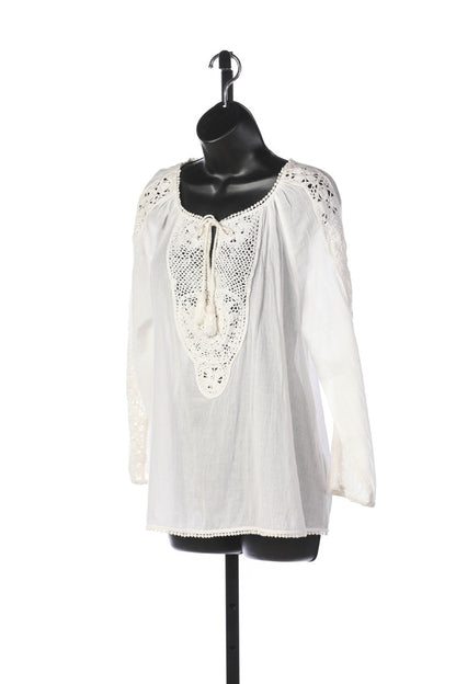 Joie White Tie-Neck w Tassels Long Sleeve Blouse w Crochet Details NWT