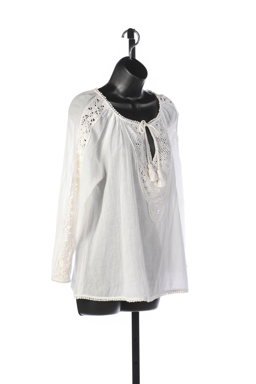 Joie White Tie-Neck w Tassels Long Sleeve Blouse w Crochet Details NWT