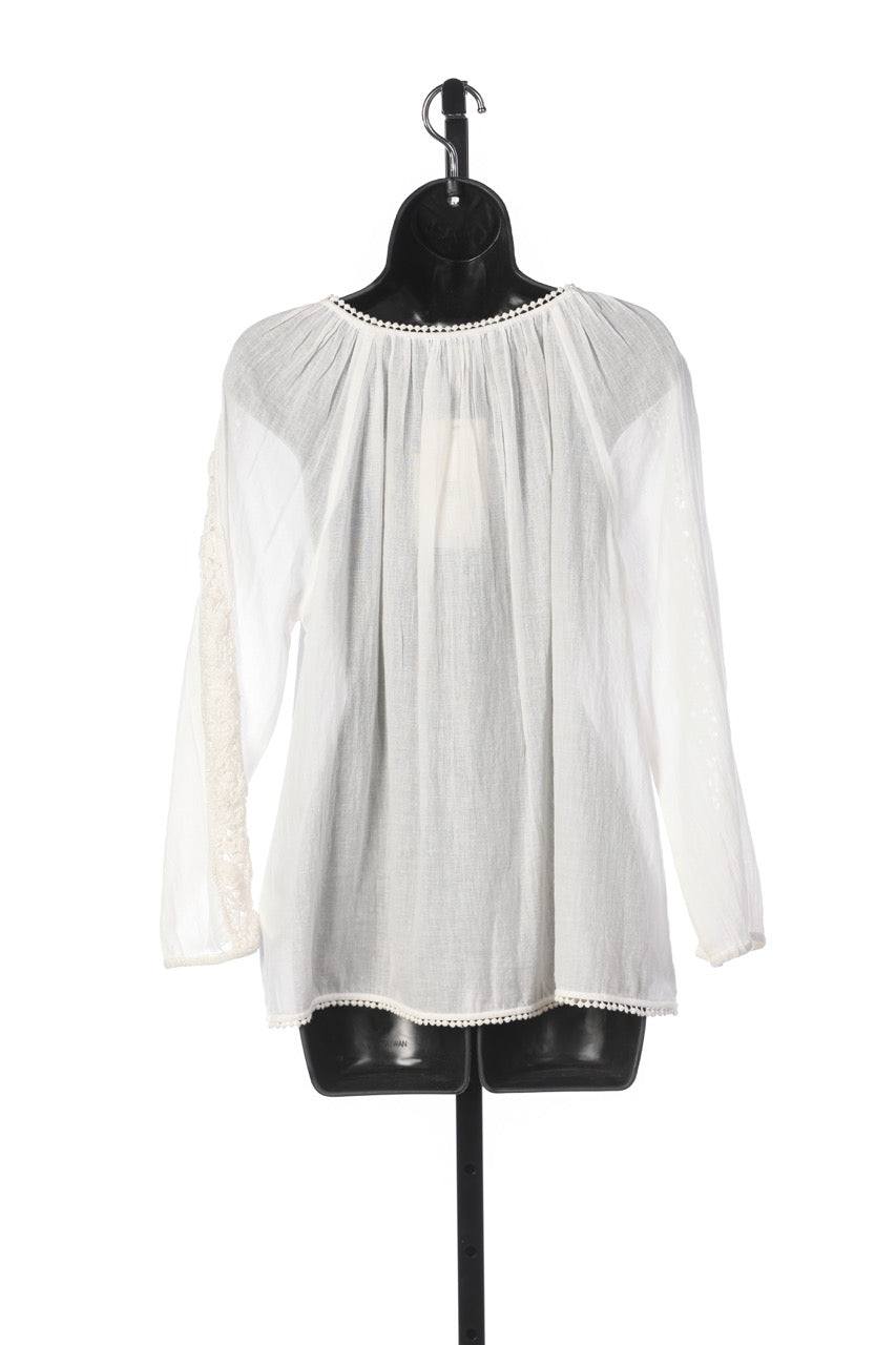 Joie White Tie-Neck w Tassels Long Sleeve Blouse w Crochet Details NWT