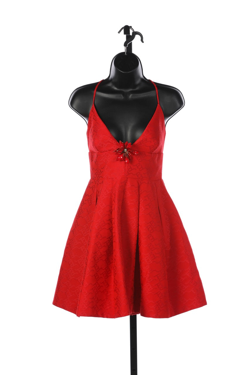 Pinko Red Sleeveless V-Neck Jacquard Mini Dress w Flower Brooch NWT