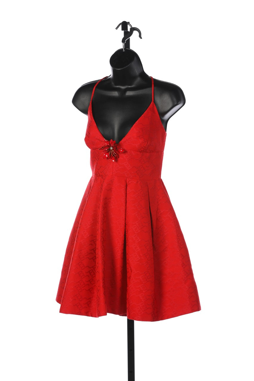 Pinko Red Sleeveless V-Neck Jacquard Mini Dress w Flower Brooch NWT