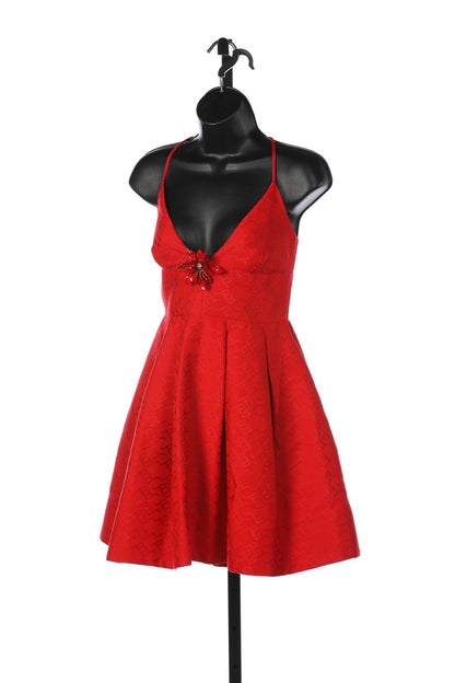 Pinko Red Sleeveless V-Neck Jacquard Mini Dress w Flower Brooch NWT