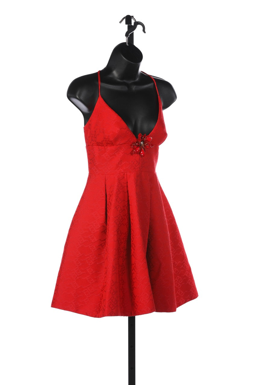 Pinko Red Sleeveless V-Neck Jacquard Mini Dress w Flower Brooch NWT