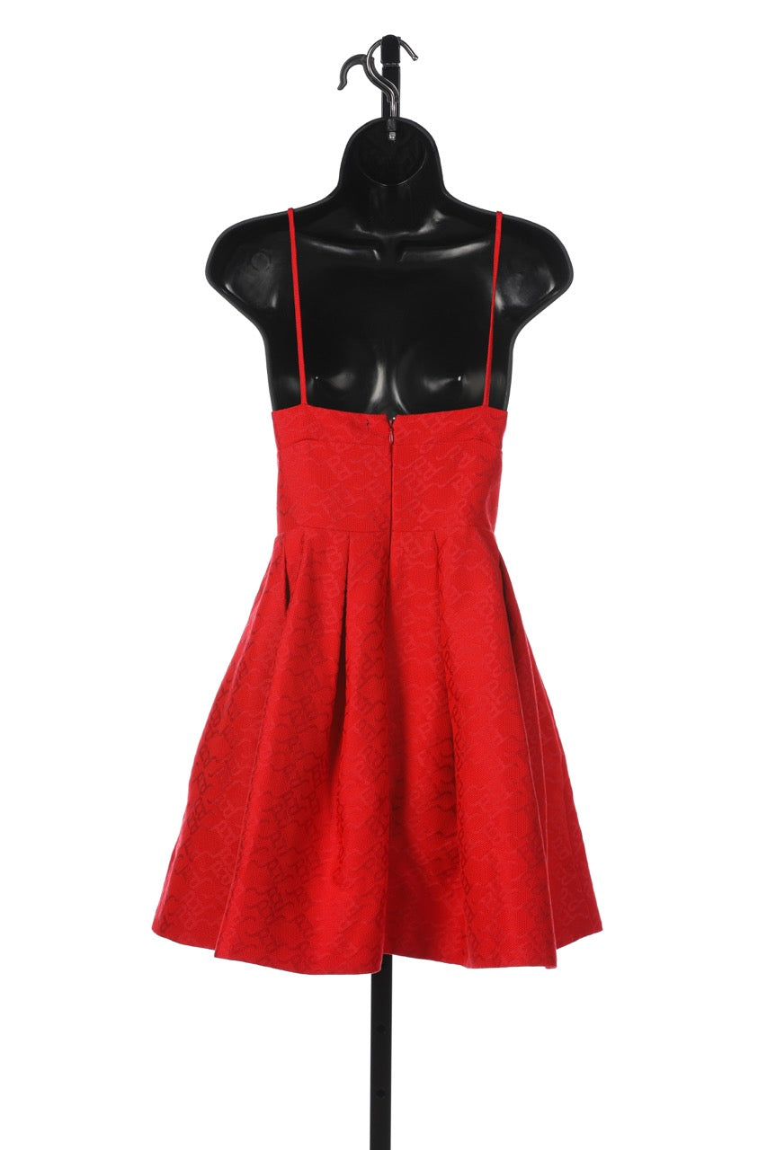 Pinko Red Sleeveless V-Neck Jacquard Mini Dress w Flower Brooch NWT