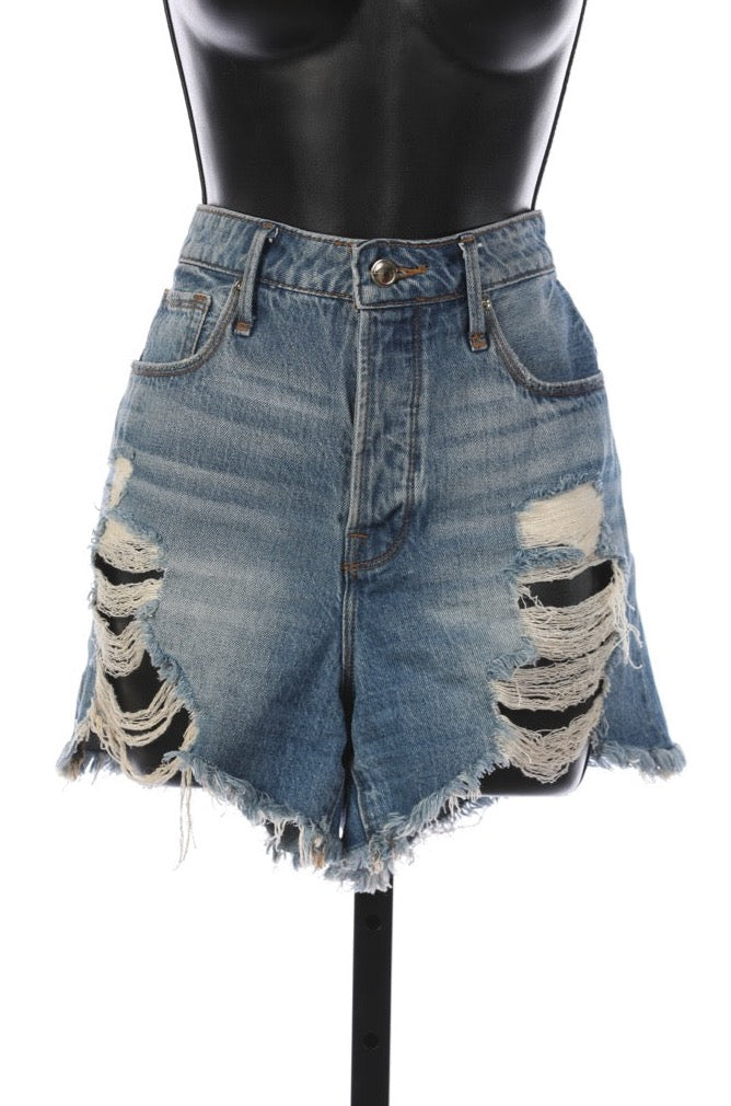 Good American Medium Wash Denim Distressed Jean Shorts