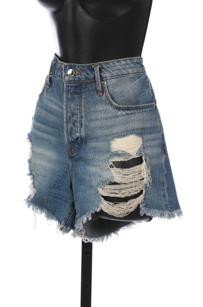 Good American Medium Wash Denim Distressed Jean Shorts