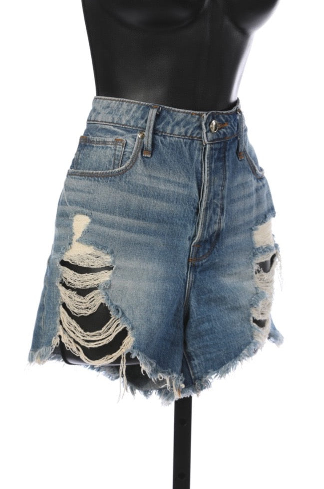 Good American Medium Wash Denim Distressed Jean Shorts