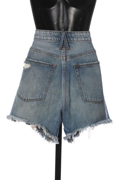 Good American Medium Wash Denim Distressed Jean Shorts