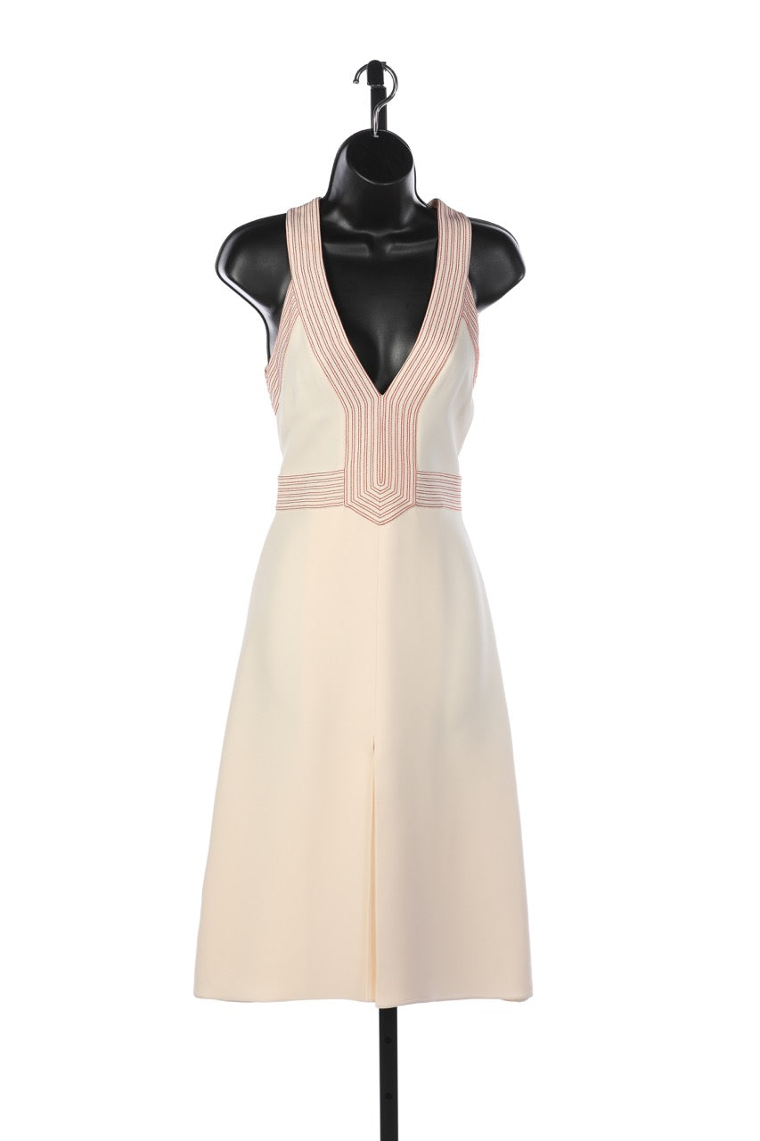 Gucci Silk Cream w Red Stitching V-Neck Sleeveless Midi Dress