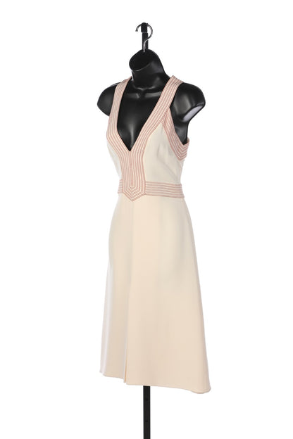 Gucci Silk Cream w Red Stitching V-Neck Sleeveless Midi Dress